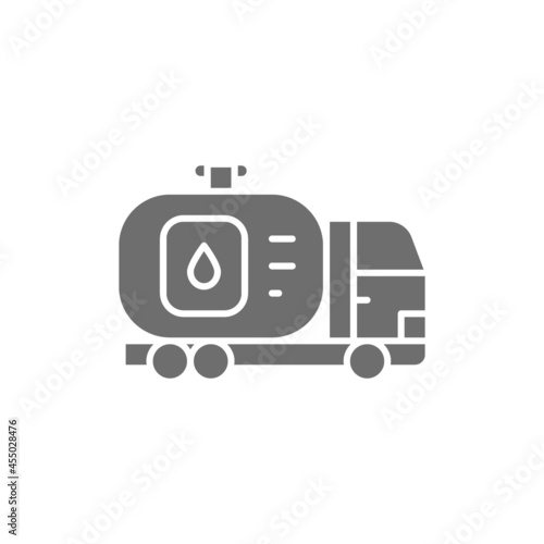 Fuel truck, car with oil tank, water transfer, transportation grey icon.