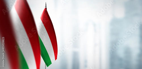 Fotomural Small flags of Hungary on a blurry background of the city