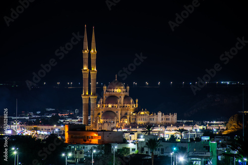 Al-Sahaba Mosque against the background of the night sky in Sharm El Sheikh