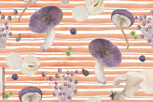 Photography Watercolor painting seamless pattern with violet mushrooms on stripes background