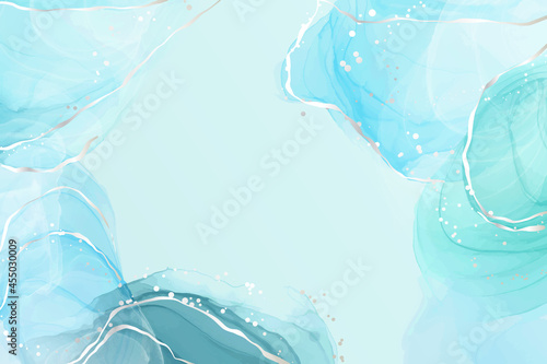 Abstract turquoise and teal blue liquid marbled watercolor background with silver lines and dots. Cyan alcohol ink marbled drawing effect. Vector illustration design template for invitation