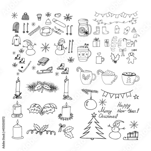 christmas set hand drawn doodle. vector, minimalism. winter collection, candles, decor, snowman, hot drink, clothes, sticker, icon.