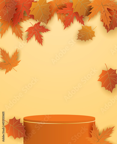 Autumn season theme product display podium. Design with leaves on orange background. paper art style. vector.
