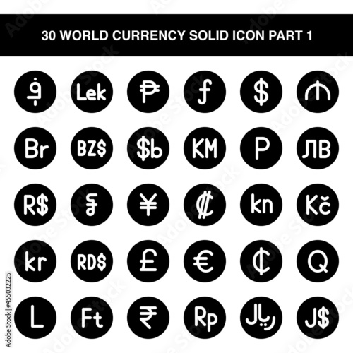Illustration vector graphic icon of 30 World Currency Icon Set Part 1. Solid Style Icon. Vector illustration isolated on white background. Perfect for website or application design.