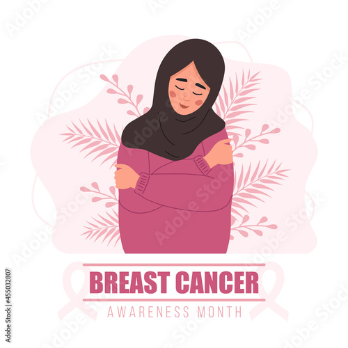 Breast cancer awareness month poster. Happy arab woman in hilab hugging herself. Annual international health campaign. Vector illustration in flat cartoon style.