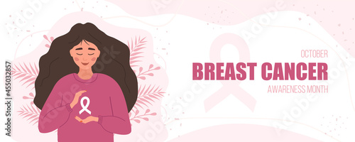 Breast cancer awareness month banner. Happy woman with ribbon. Annual international health campaign. Vector illustration in flat cartoon style.