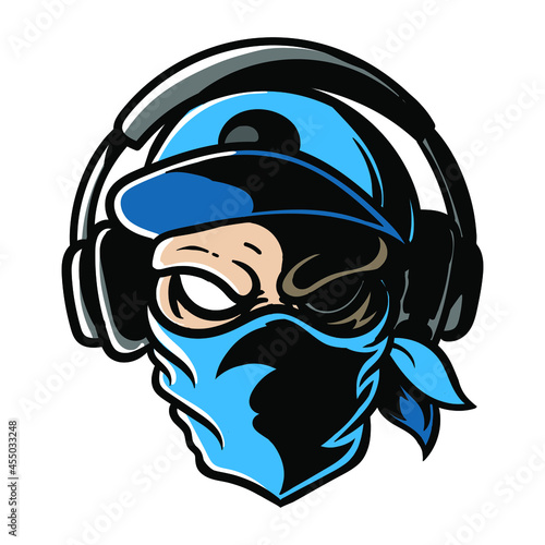 A skull in a cap and a bandana is listening to music. Music in headphones. Sticker, logo or sign. Vector illustration isolated on white background. EPS 10.