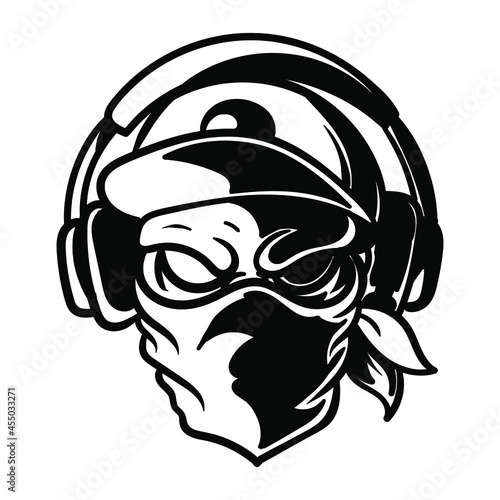 A skull in a cap and a bandana is listening to music. Music in headphones. Sticker, logo or sign. Vector illustration isolated on white background. EPS 10.