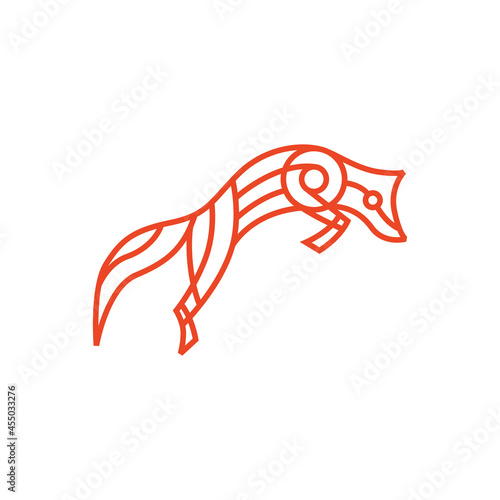 jumping fox monoline outline line art color logo vector icon illustration