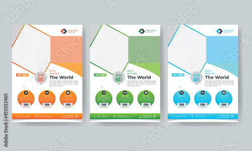 Travel flyer and agency promotion brochure design template with venue details in A4 size