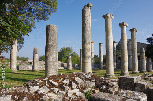 Archaeological site of Altilia: Remains of columns indicating where the Basilica once stood. Molise, Italy
