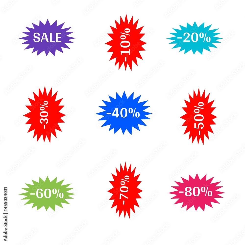 Best sale set discount percent of stickers label various color web icon of brand and product promotion star Best sale set discount percent of stickers label various color web icon of brand and product promotion star