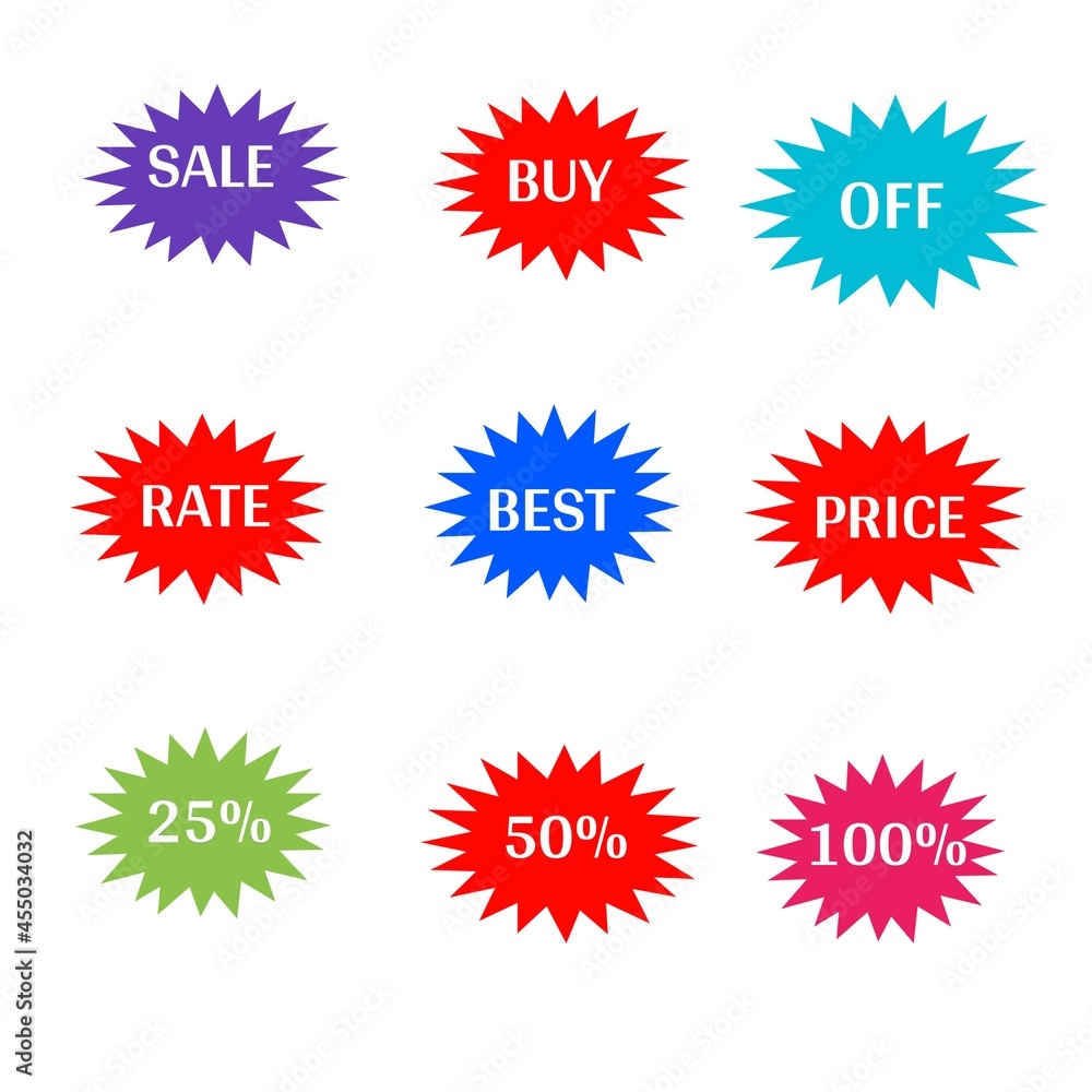 Sale discount percent set of stickers label various color web icon of brand and product promotion star Sale discount percent set of stickers label various color web icon of brand and product promotion star