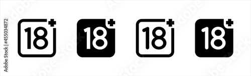 Age restriction signs. 18+ Icon set. Marks age limit. Sign for the restriction of the age content. "eighteen plus" symbol flat style for your web site design and logo, app, UI