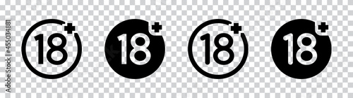 Age restriction signs. 18+ Icon set. Marks age limit. Sign for the restriction of the age content. "eighteen plus" symbol flat style for your web site design and logo, app, UI
