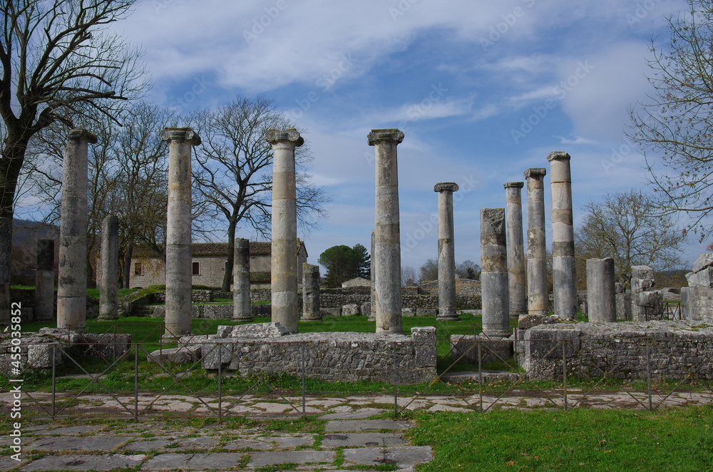 Archaeological site of Altilia: Remains of columns indicating where the Basilica once stood. Molise, Italy