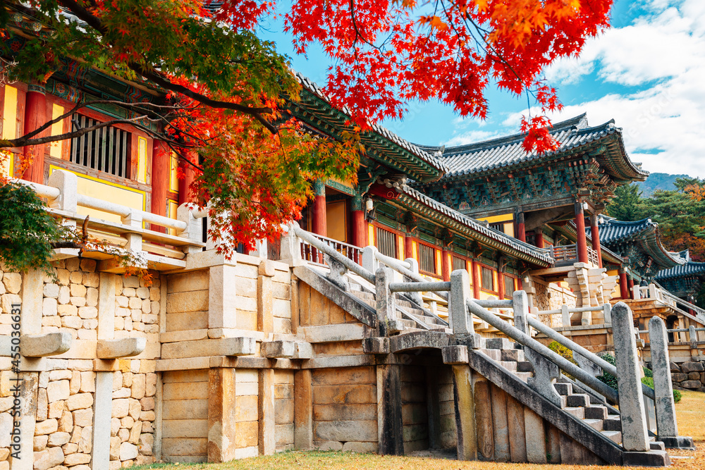 Bulguksa temple with autumn leaves in Gyeongju, Korea