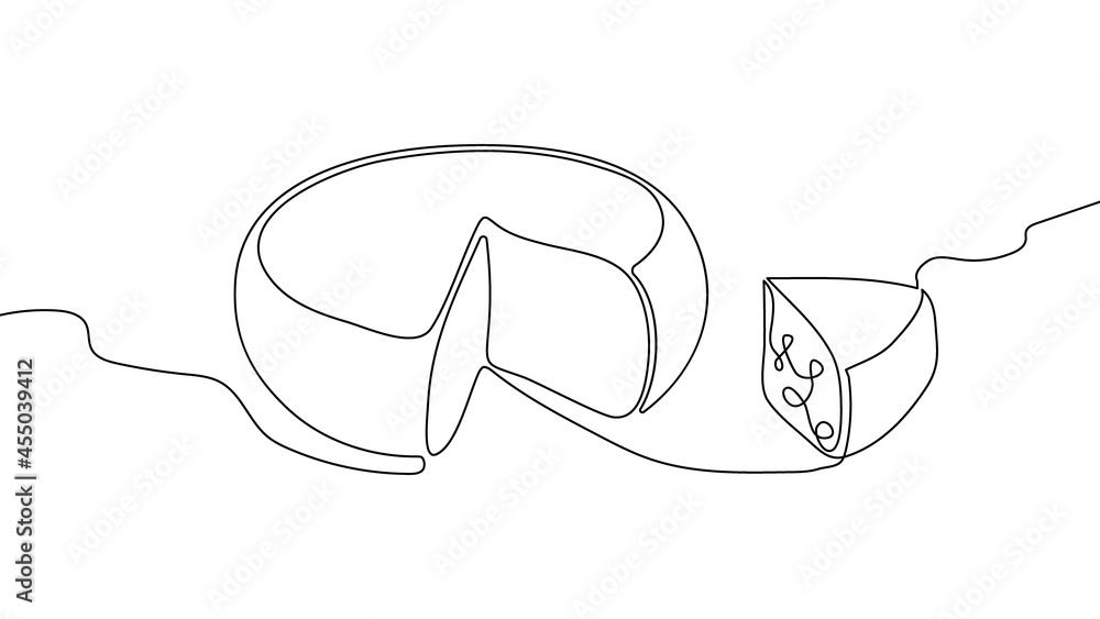 Swiss hard cheese head and piece continuous line drawing set. One line art of dairy produce