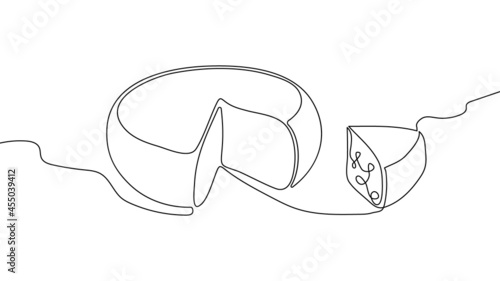 Swiss hard cheese head and piece continuous line drawing set. One line art of dairy produce, milk products, food, hard cheese, piece.