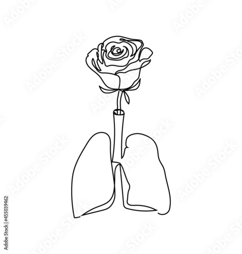Human lungs with a rose one line set art. Continuous line drawing of internal organ and flowers.