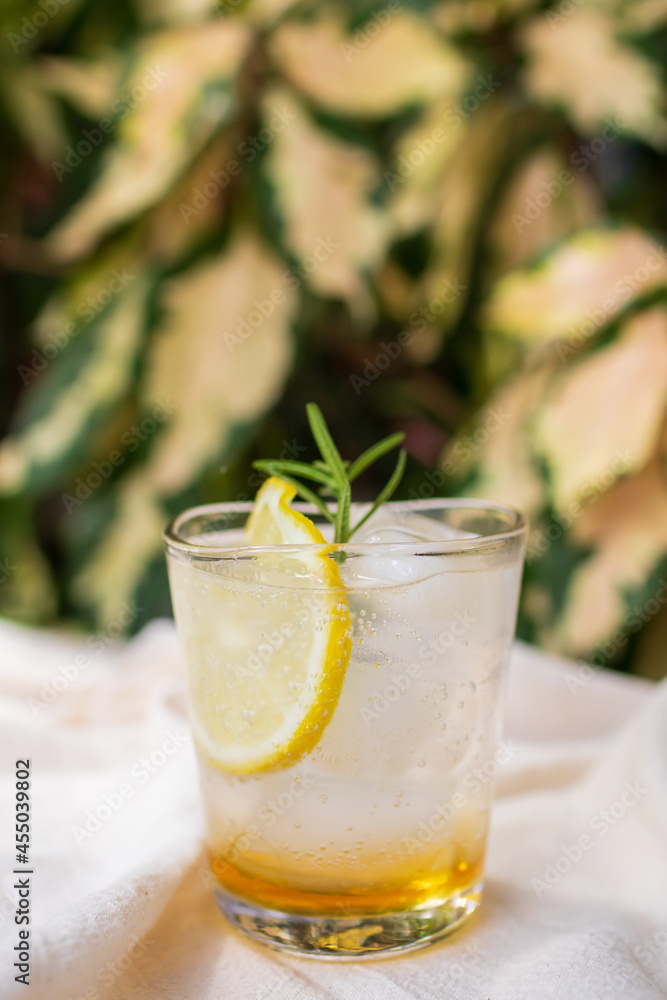 Iced honey lemon soda with rosemary. Refreshment healthy drink with warm sunlight in a garden. Iced honey lemon soda with rosemary. Refreshment healthy drink with warm sunlight in a garden.