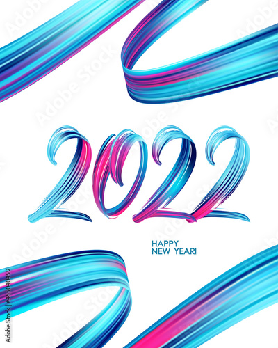 Vector illustration: Brushstroke paint lettering calligraphy of 2022 Happy New Year on white background