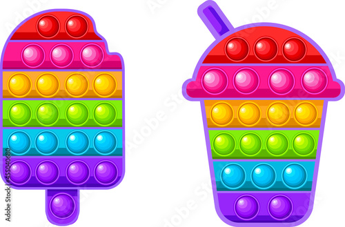 Two funny Pop it  a sensory toy for fidgets. Vector hand-drawn cartoon illustration of the logo icon. Pop  it  a toy for restless children. A cup, ice cream. Simple Dimple.