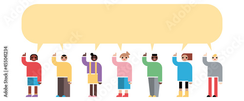 Enfants groupe doigt levé main levée question bulle conversation question éducation école formes géométriques simples diversité discussion sourire vectoriel illustration