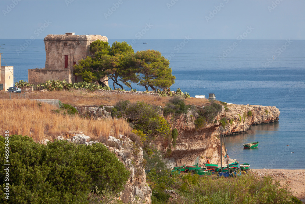 Torre Incina, Polignano a Mare, Bari. Cala con spiaggia e barche