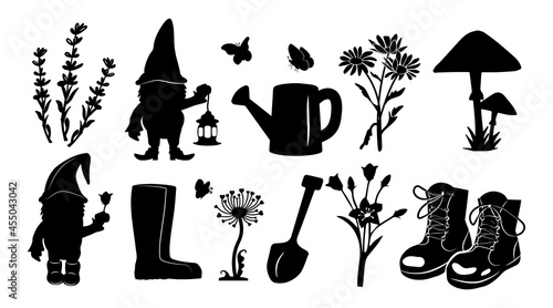 garden collection. shovel, boots, watering can, gnomes, lamp, flowers, butterflies, rubber boots, mushrooms. silhouette graphics. vector. eps