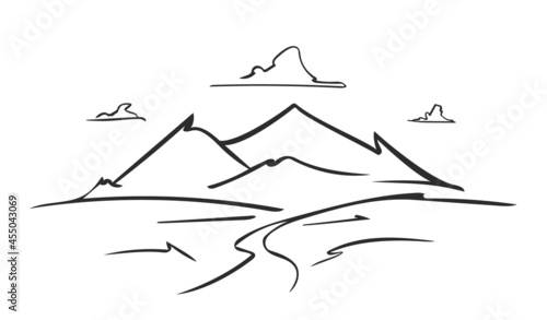 Vector hand drawn outline sketch mountains landscape with road on foreground