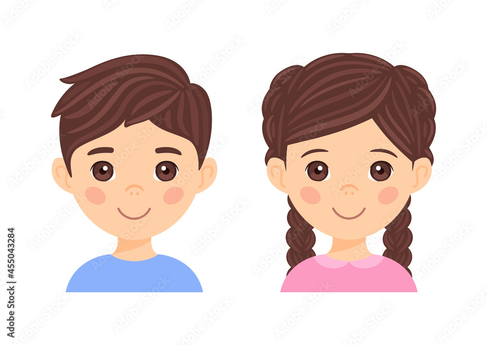 Cute Brunette Boy and Beautiful Little Girl with Pigtails. Portrait of Children. Kids are Smiling. Avatar for Preschoolers, Schoolchildren. Color Cartoon Fashion style. White background. Vector image Cute Brunette Boy and Beautiful Little Girl with Pigtails. Portrait of Children. Kids are Smiling. Avatar for Preschoolers, Schoolchildren. Color Cartoon Fashion style. White background. Vector image