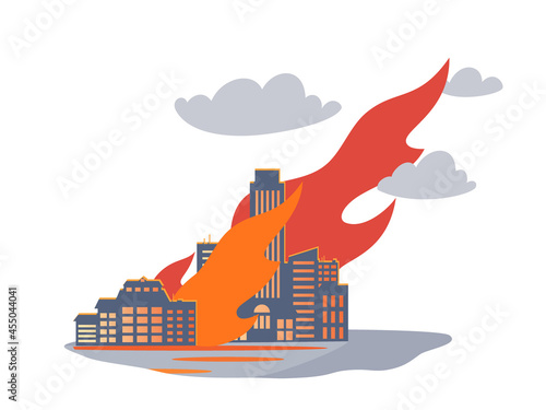 Fire in an industrial or residential area of the city. Illustration of fire and burning houses, accident, disaster. Natural and man-made fires, loss of housing, disaster. Sad events and news. Vector.