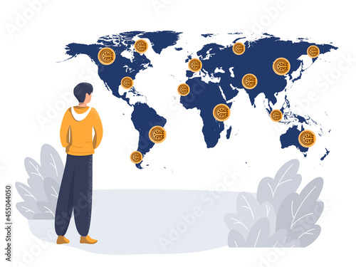 A man on the background of a world map with crypto coins. Crypto currency mining concept, currency rate, mining farm, finance, blockchain, crypto currency calculations, currency rate. Vector.