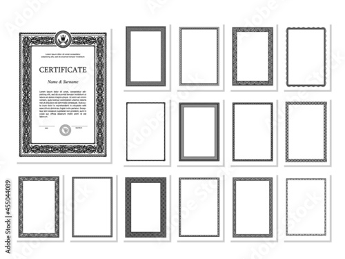 A set of high quality vertical frame templates for certificates, diplomas and the like. Includes vintage and austere, graphic frame options. Suitable for foiling, stamping, press. Vector illustration.