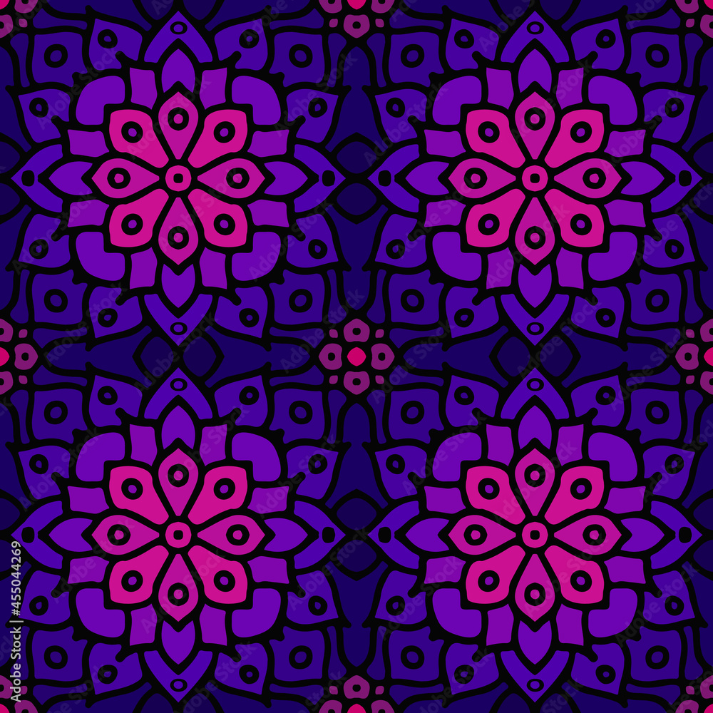 Purple abstract seamless mosaic ornament. Geometrical oriental floral pattern. Bohemian Seamless Oriental Arabesque. Tribal pattern vector.
