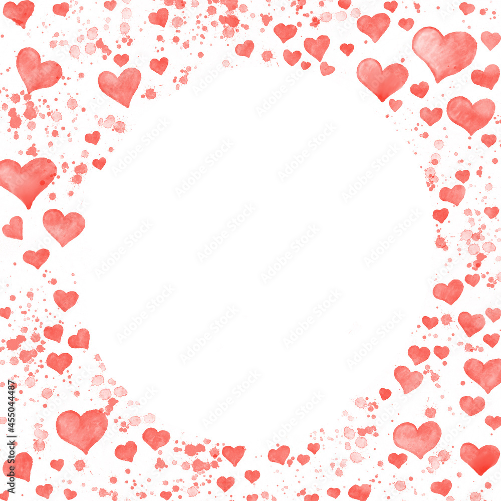 Red hearts circle frame watercolor painting with copy space for decoration on wedding events and Valentine's day. Red hearts circle frame watercolor painting with copy space for decoration on wedding events and Valentine's day.