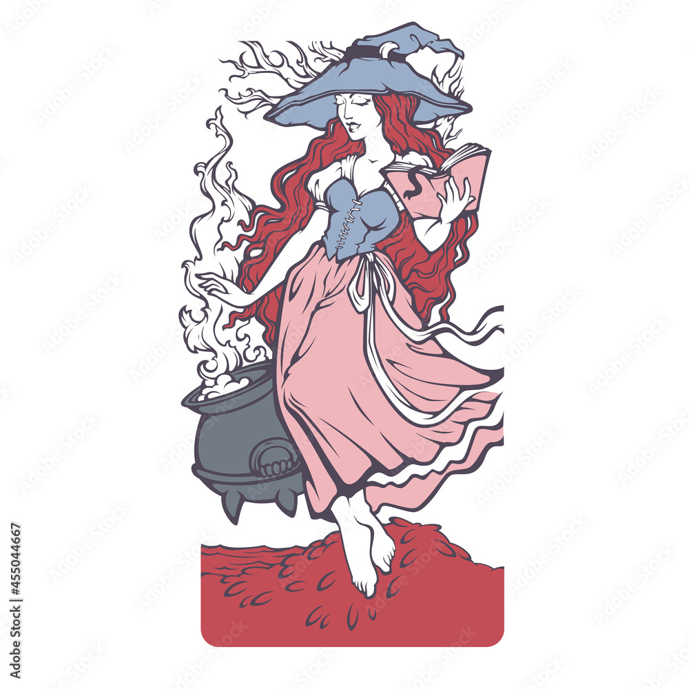  vector portrait of young witch in magic hat making a potion for your magic or Halloween illustration