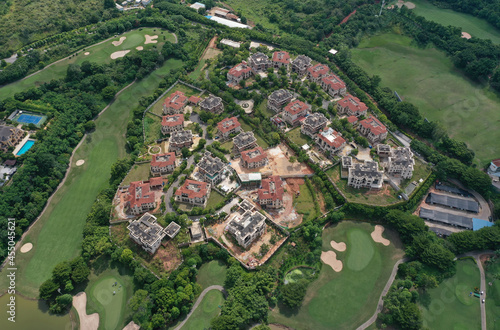 Aerial top view landscape of golf resort villa complex in China