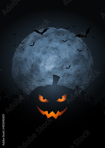 Spooky pumpkin Halloween background with moon and bats