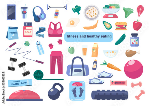Vector sets for fitness classes introduction of a healthy lifestyle maintain health. Sportswear, accessories, sports nutrition, sports equipment. Isolated on a white background.