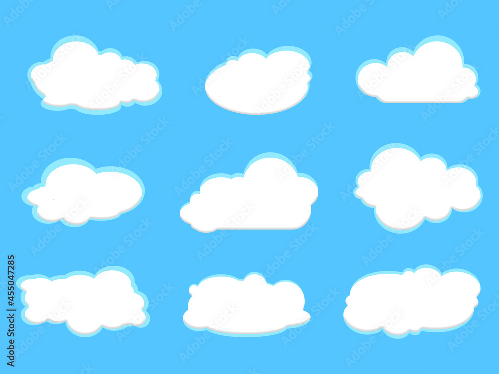 White fluffy clouds on spring blue sky in cartoon style for background or wallpaper design