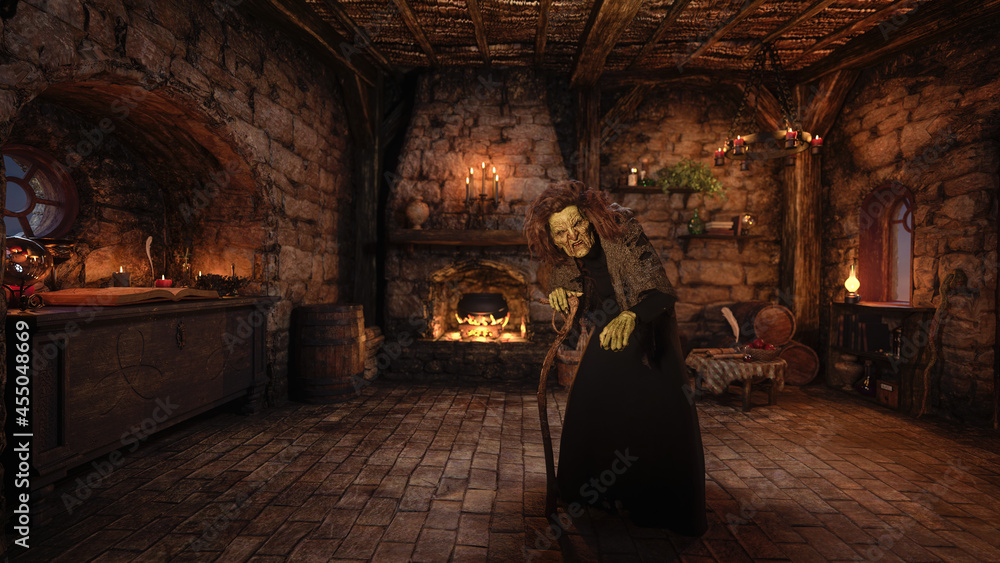 Αυτοκόλλητο 3D rendering of an old hag witch standing in her cottage with cauldron boiling on an open fire