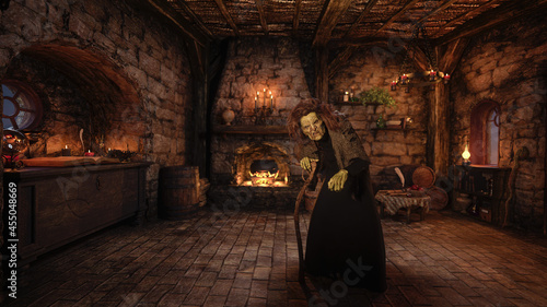 Fényképezés 3D rendering of an old hag witch standing in her cottage with cauldron boiling on an open fire