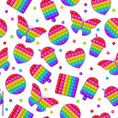 Colorful sensory anti-stress toy for fidget pop it. Colorful silicone bubbles. A set of different fashionable toys with simple dimple of rainbow color on a white background.