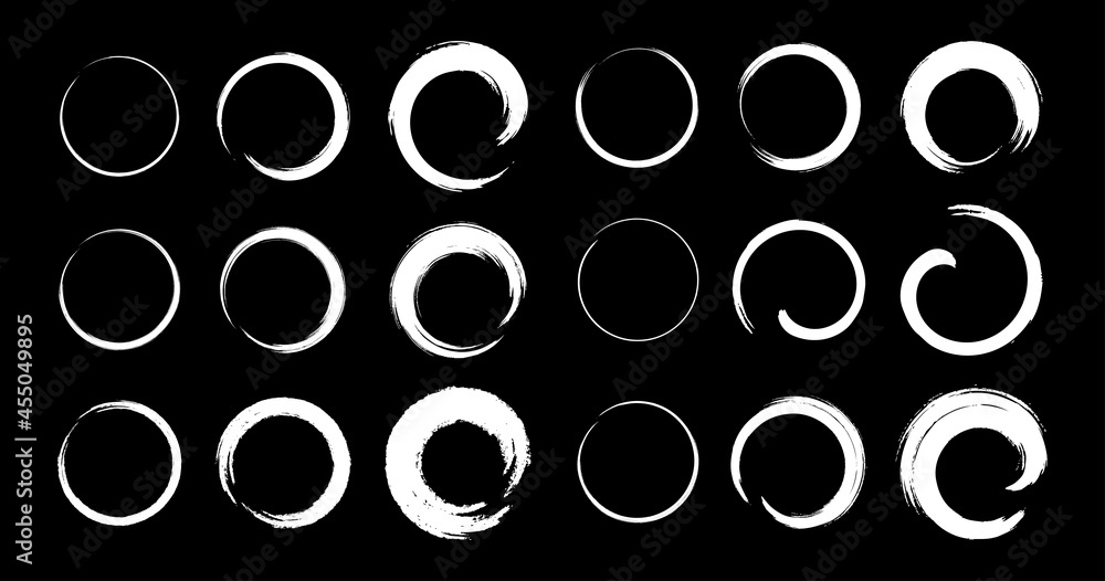 White hand drawn grunge circle frames set. Bbrush stroke rounds. Sketch scribble circular design elements. Vector illustration