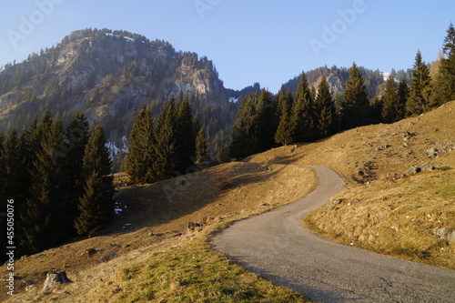 a hiking trail in the scenic sun-drenched wintery Bavarian Alps against the clear blue sky in beautiful Oberjoch in Bavaria (Germany) © Julia