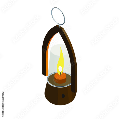 Isometric vintage kerosene lantern, burning oil lamp. Horror dieselpunk item. Isolated on white. Vector illustration