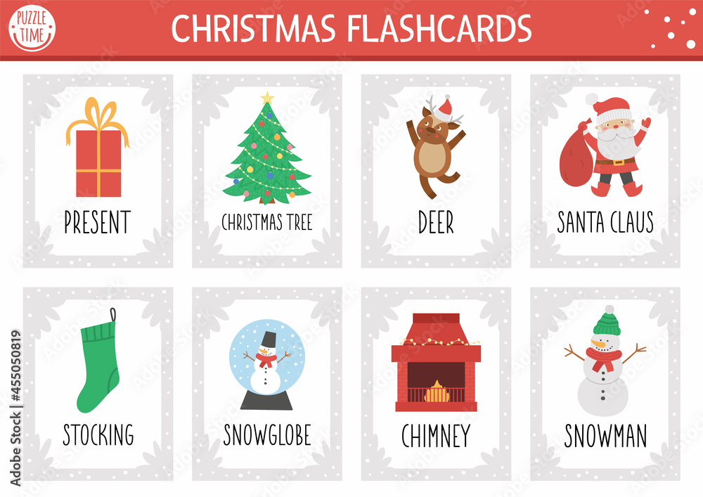 Vettoriale Stock Vector Christmas flash cards set. English language game  with cute Santa Claus, Christmas tree, snowman for kids. Holiday winter  party flashcards. Simple educational printable worksheet..
