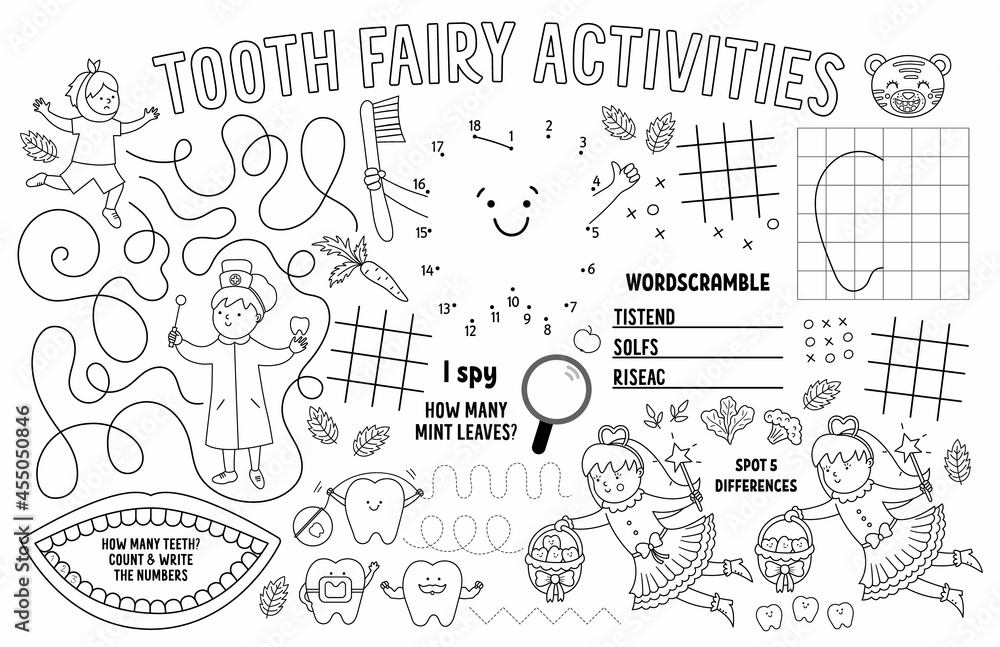 Vector Tooth Fairy placemat for kids. Mouth care printable activity mat with maze, tic tac toe charts, connect the dots, find difference. Black and white dental play mat or coloring page.